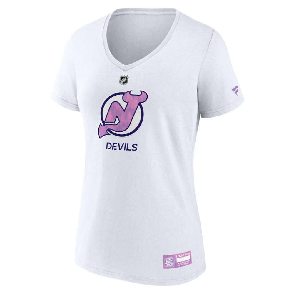 New Jersey Devils Fanatics Women's 2024 Hockey Fights Cancer V-Neck T-Shirt - White | Fanatics Lifestyle