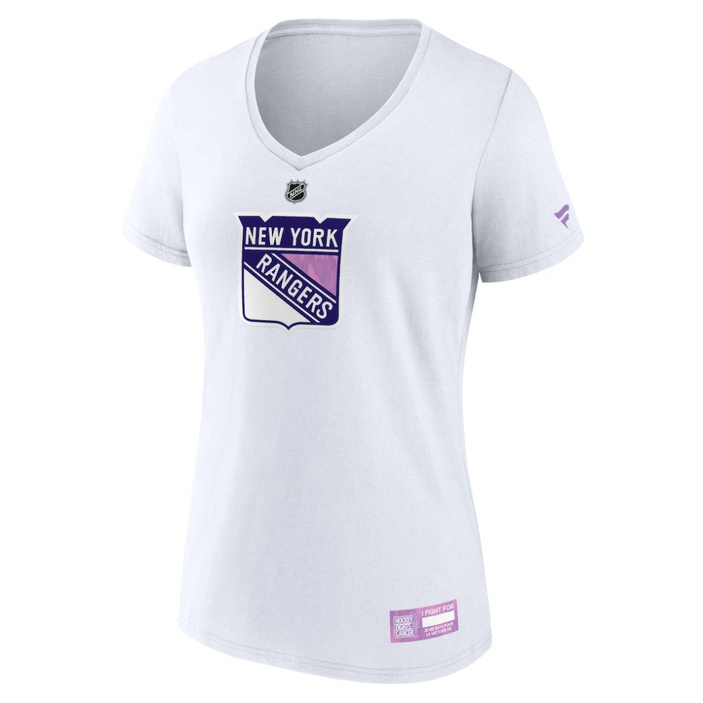 New York Rangers Fanatics Women's 2024 Hockey Fights Cancer V-Neck T-Shirt - White | Fanatics sale