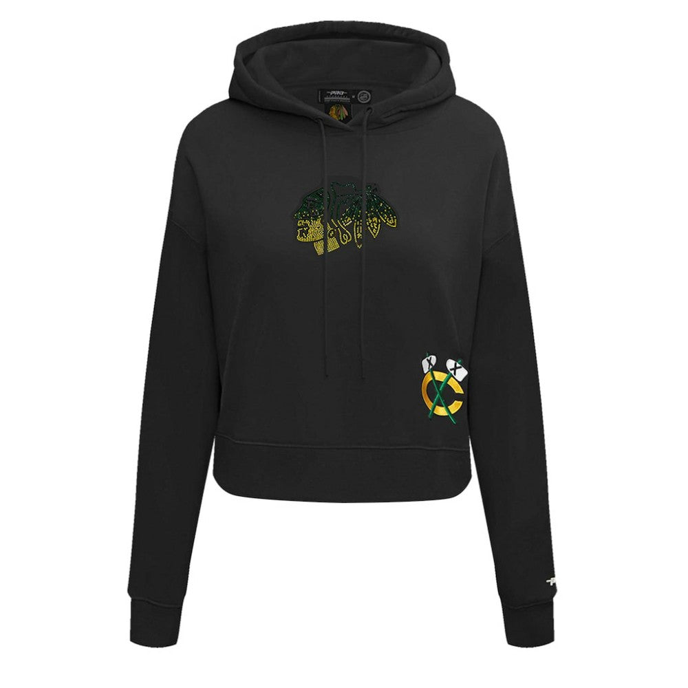 Chicago Blackhawks Pro Standard Women's Jewels Cropped Pullover Hoodie - Black | NHL Clearance