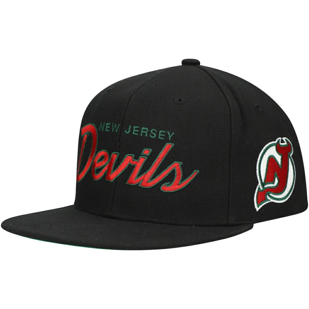 New Jersey Devils Mitchell & Ness Core Team Script 2.0 Snapback Hat - Black | NHL Clearance