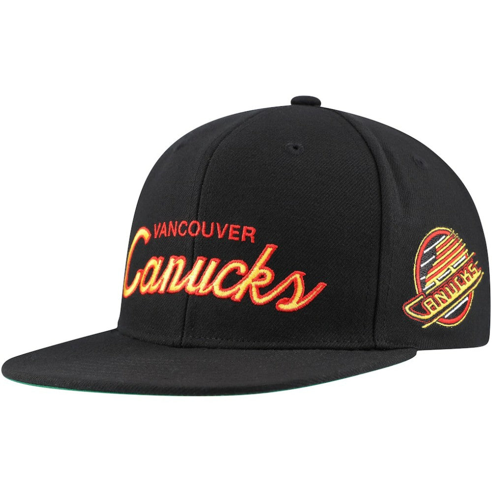 Vancouver Canucks Mitchell & Ness Core Team Script 2.0 Snapback Hat - Black | NHL Lifestyle