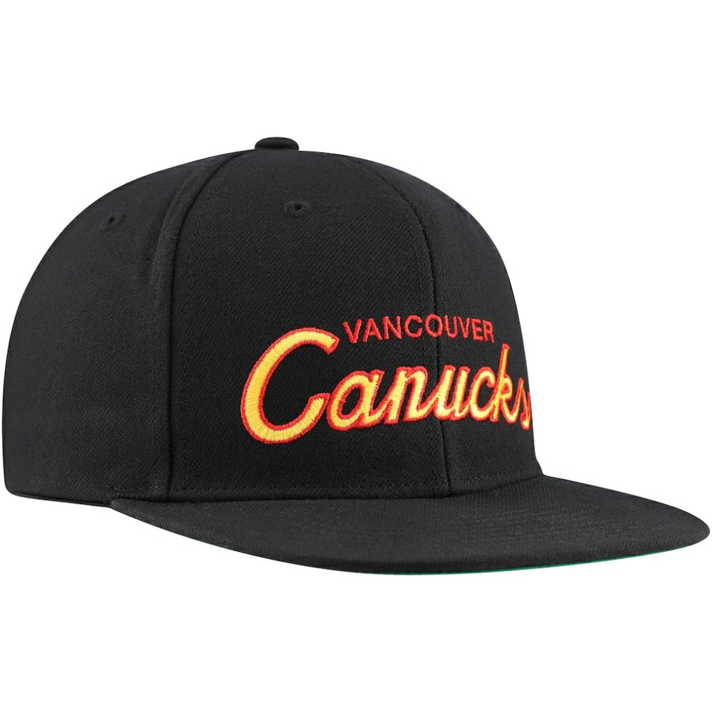 Vancouver Canucks Mitchell & Ness Core Team Script 2.0 Snapback Hat - Black | NHL Lifestyle