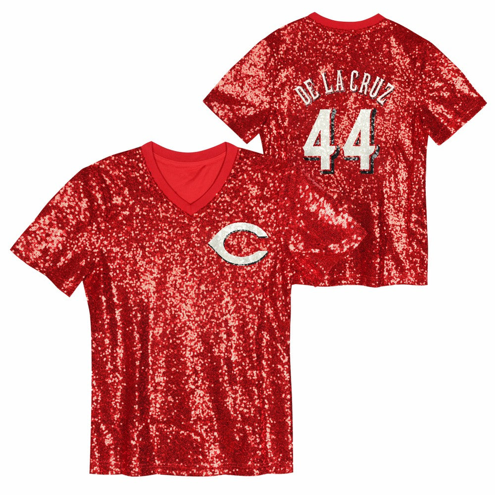 Elly De La Cruz Cincinnati Reds Juniors Name & Number Sequin V-Neck Top Online