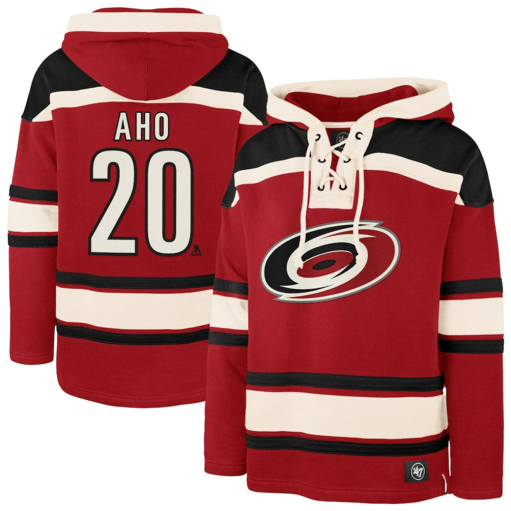 Sebastian Aho Carolina Hurricanes '47 Player Name & Number Lacer Pullover Hoodie - Red | 47 brand near me