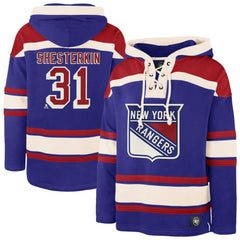 Igor Shesterkin New York Rangers '47 Player Name & Number Lacer Pullover Hoodie - Blue | 47 brand Lifestyle