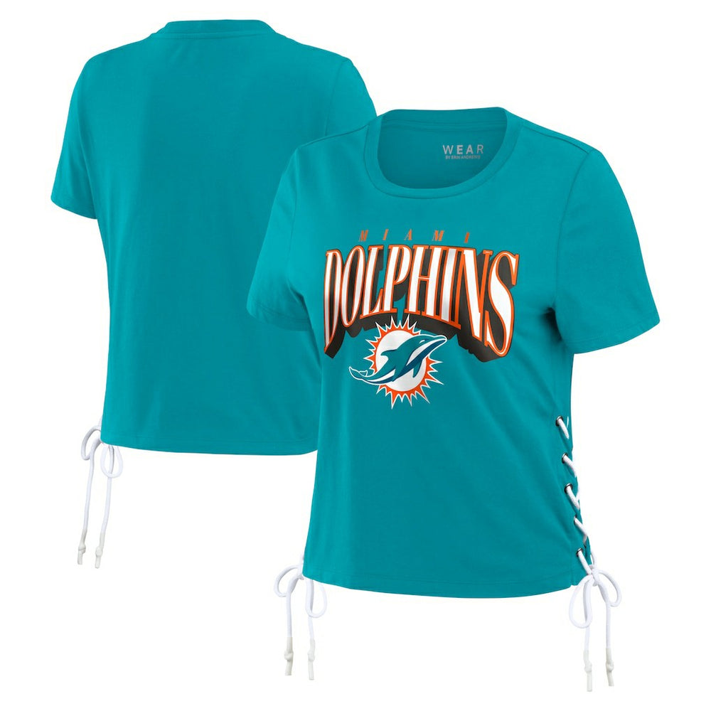 Miami Dolphins WEAR by Erin Andrews Women's Lace Up Side Modest Cropped T-Shirt - Aqua - NFL