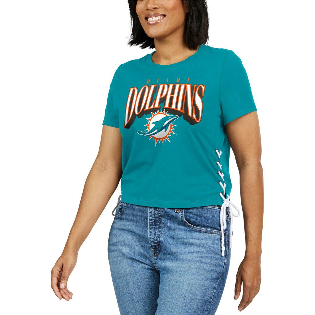 Miami Dolphins WEAR by Erin Andrews Women's Lace Up Side Modest Cropped T-Shirt - Aqua - NFL