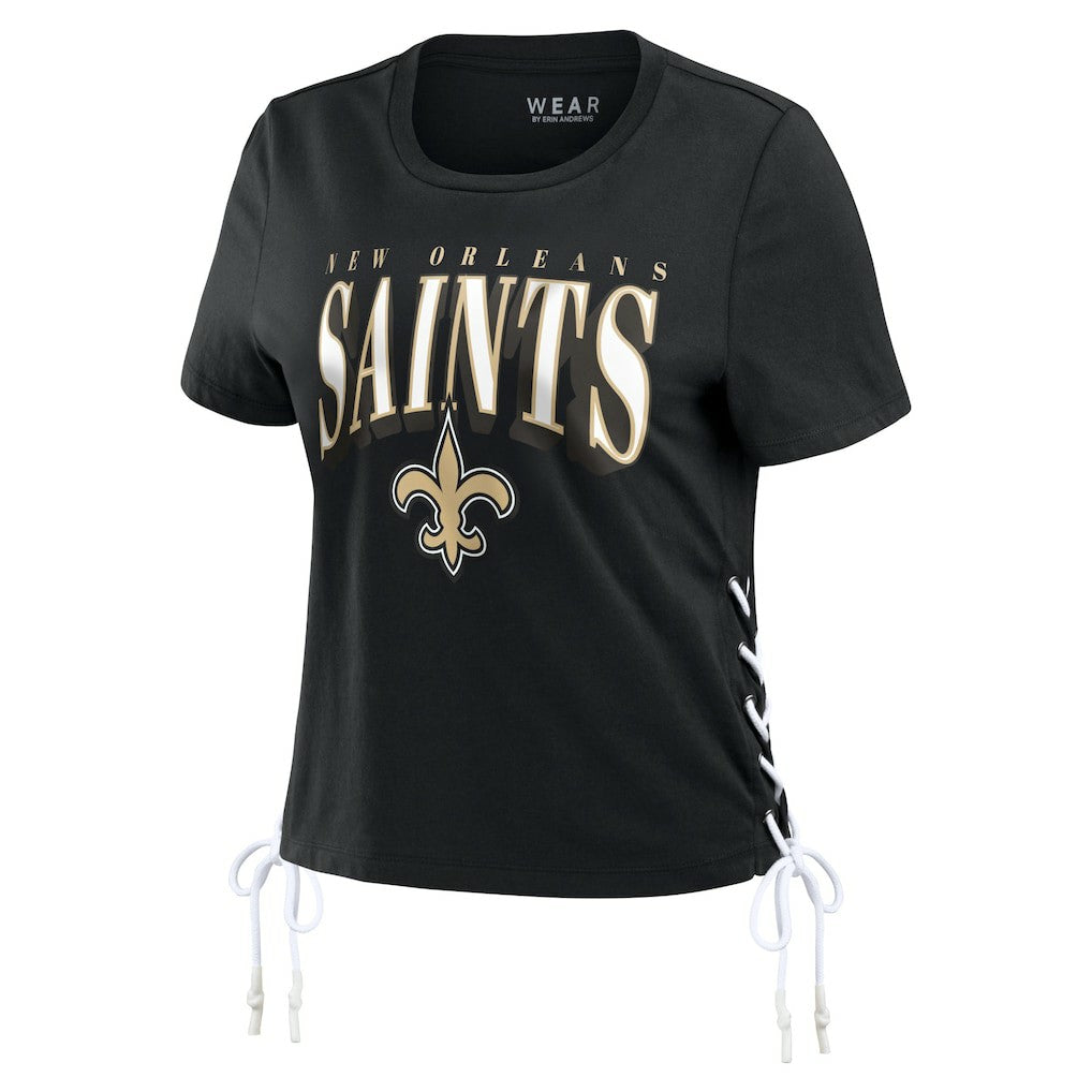 New Orleans Saints WEAR by Erin Andrews Women's Lace Up Side Modest Cropped T-Shirt - Black - NFL