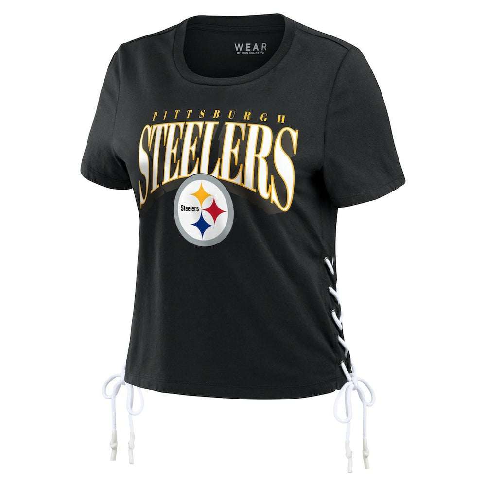 Pittsburgh Steelers WEAR by Erin Andrews Women's Lace Up Side Modest Cropped T-Shirt - Black - NFL