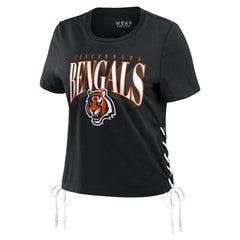 Cincinnati Bengals WEAR by Erin Andrews Women's Lace Up Side Modest Cropped T-Shirt - Black - NFL