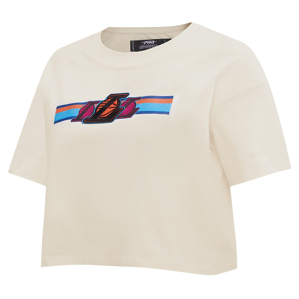 Los Angeles Lakers Pro Standard Women's Retro Striper SJ Cropped Boxy T-Shirt Cream