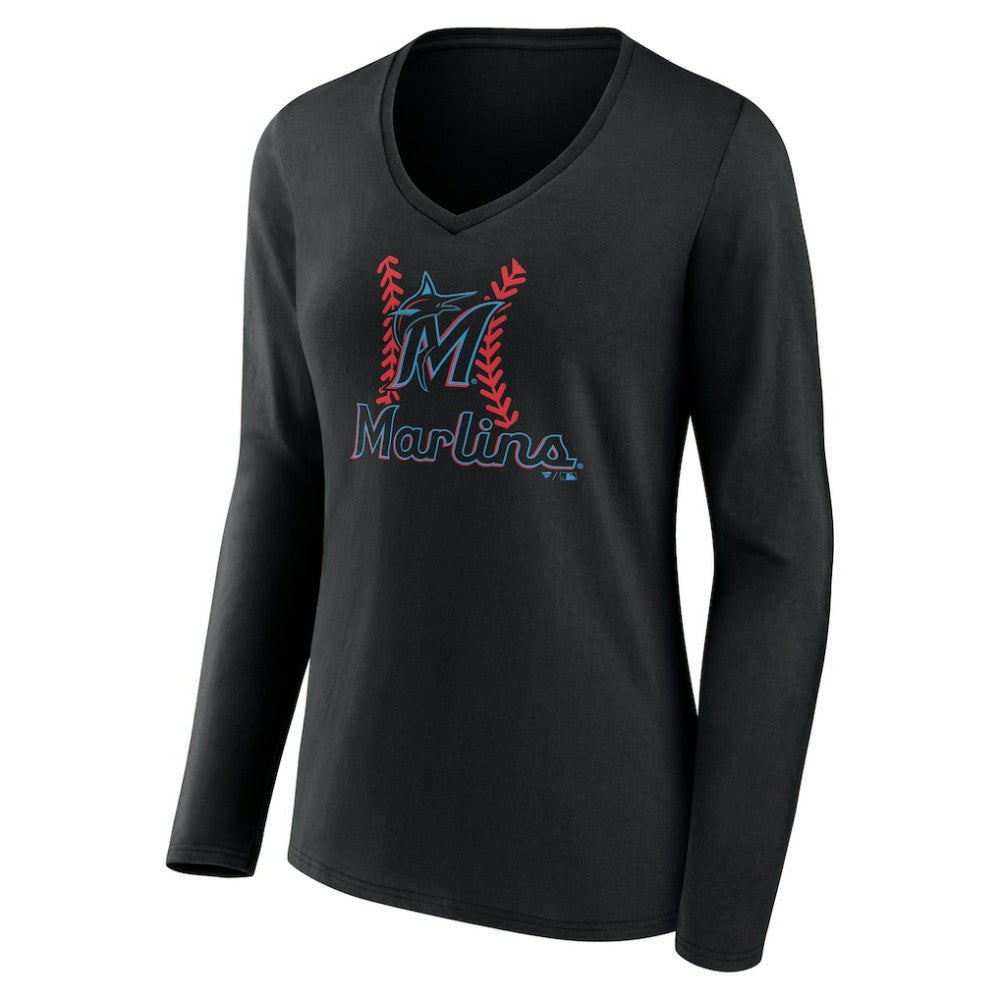 Miami Marlins Women's Personalized Name & Number Fastball Long Sleeve V-Neck T-Shirt Online