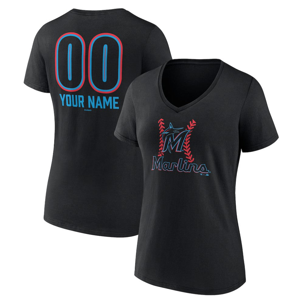 Miami Marlins Women's Personalized Name & Number Fastball V-Neck T-Shirt Sale