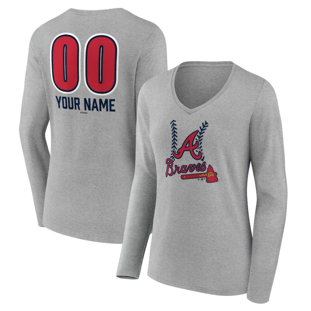 Atlanta Braves Women's Personalized Name & Number Fastball Long Sleeve V-Neck T-Shirt Sale