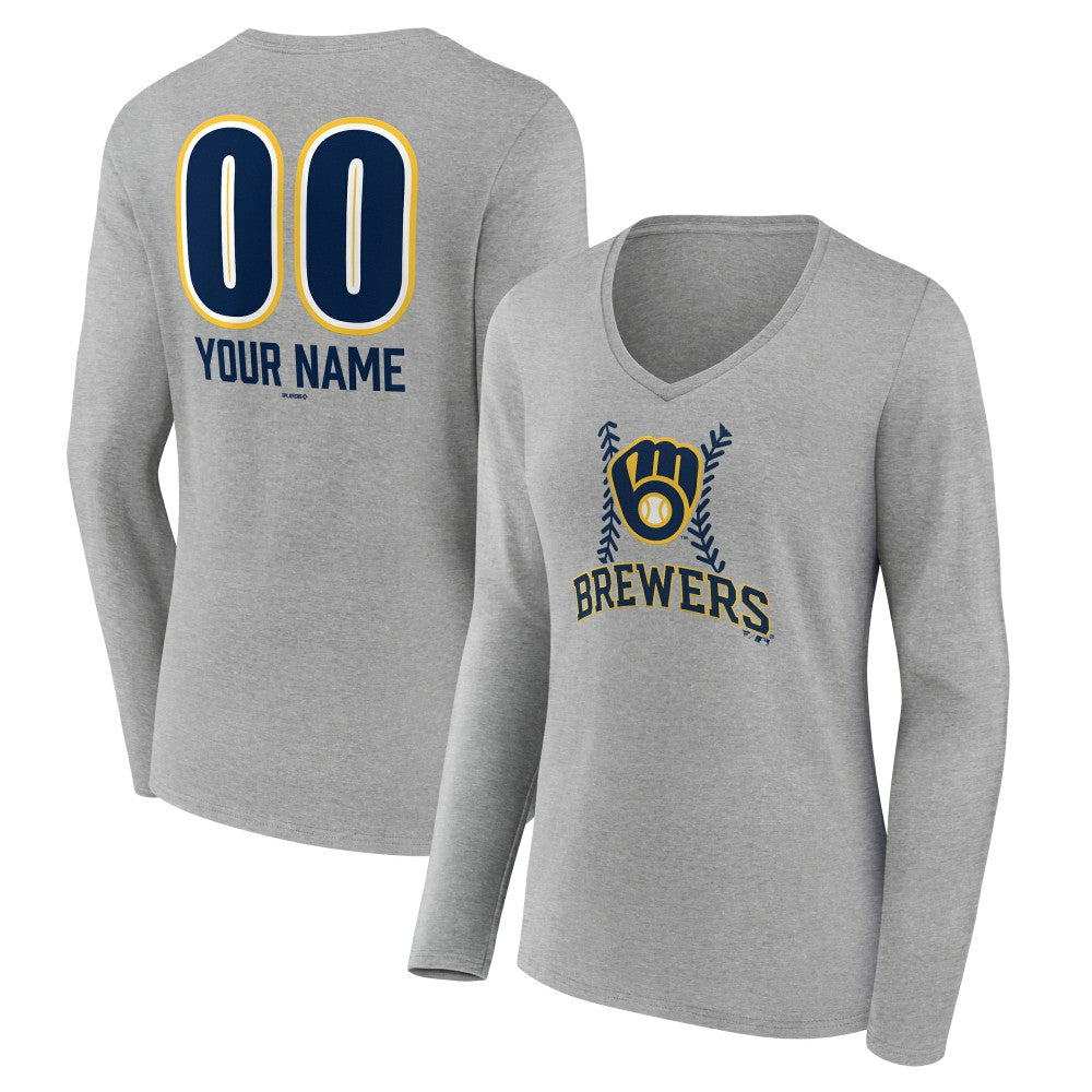 Milwaukee Brewers Women's Personalized Name & Number Fastball Long Sleeve V-Neck T-Shirt Near Me