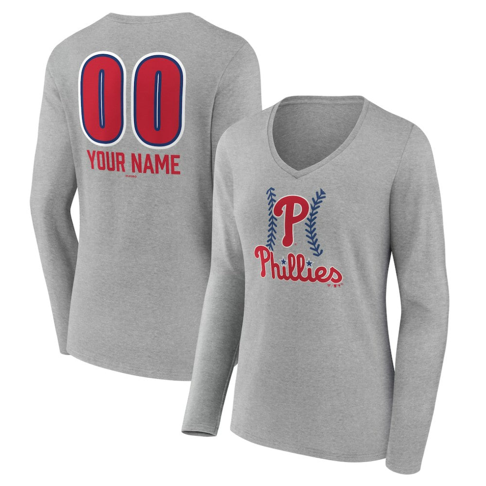 Philadelphia Phillies Women's Personalized Name & Number Fastball Long Sleeve V-Neck T-Shirt Sale