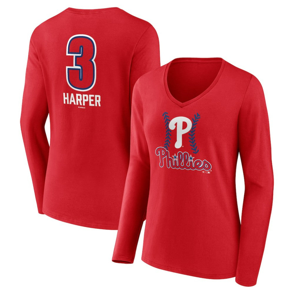 Bryce Harper Philadelphia Phillies Women's Fastball Player Name & Number Long Sleeve V-Neck T-Shirt for sale