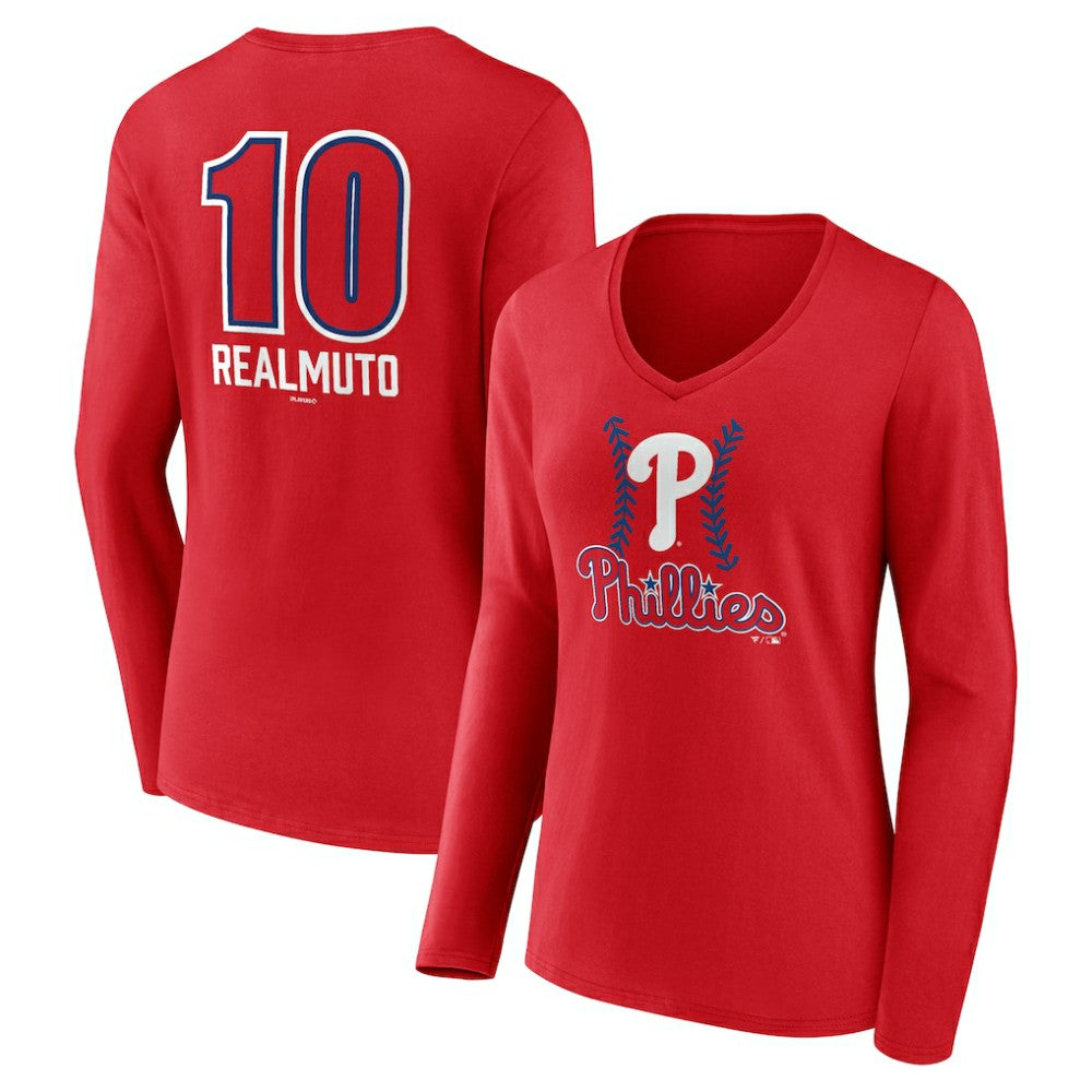 J.T. Realmuto Philadelphia Phillies Women's Fastball Player Name & Number Long Sleeve V-Neck T-Shirt Sale