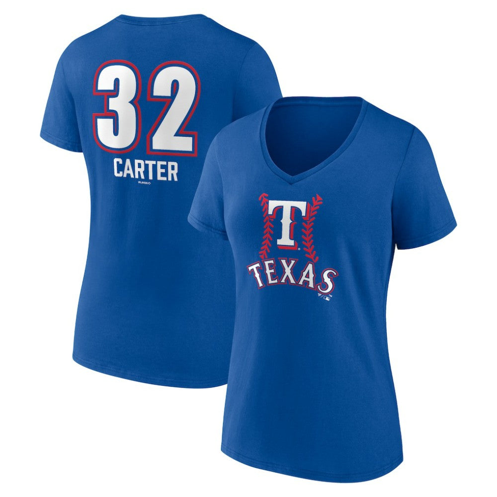 Evan Carter Texas Rangers Women's Fastball Player Name & Number V-Neck T-Shirt Sale