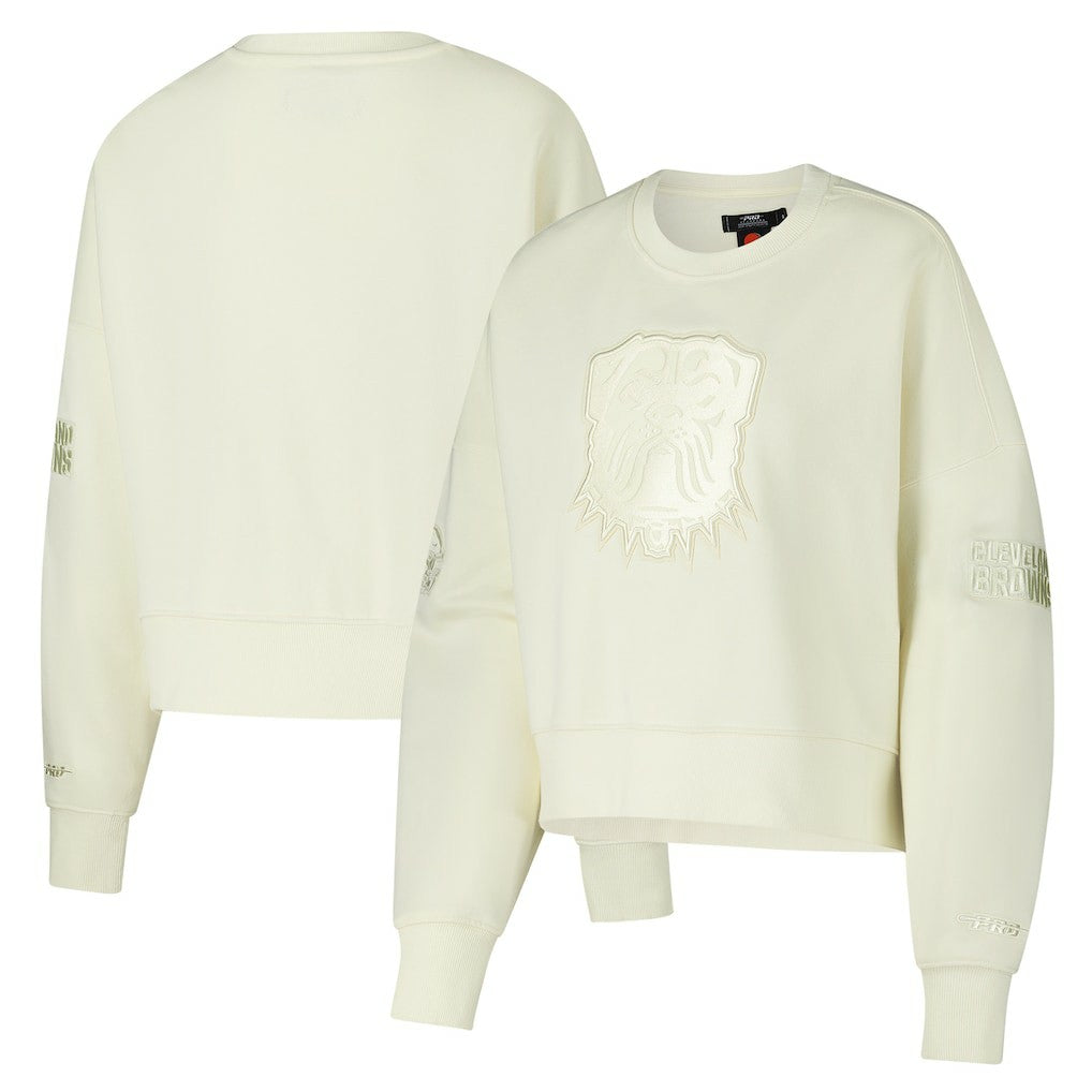 Cleveland Browns Pro Standard Triple Tonal Cropped Fleece Pullover Sweatshirt - Cream - NFL