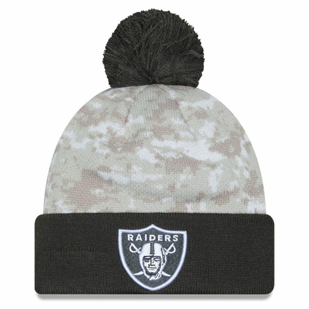 Las Vegas Raiders New Era 2024 Salute To Service Digital Camo Cuffed Knit Hat with Pom - White/Graphite - NFL