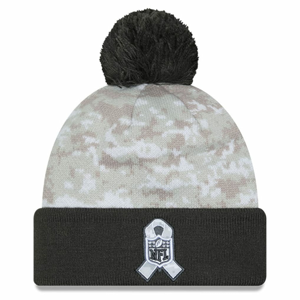 Las Vegas Raiders New Era 2024 Salute To Service Digital Camo Cuffed Knit Hat with Pom - White/Graphite - NFL