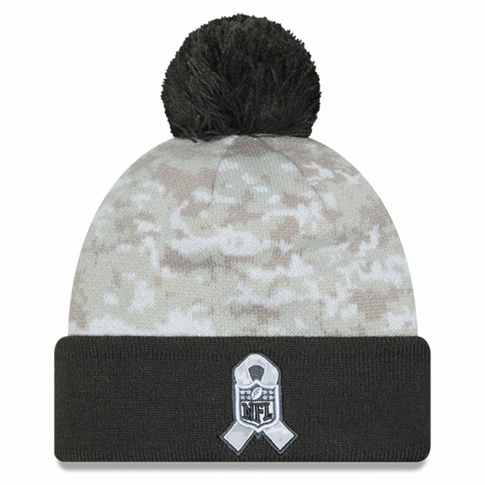 Las Vegas Raiders New Era 2024 Salute To Service Digital Camo Cuffed Knit Hat with Pom - White/Graphite - NFL