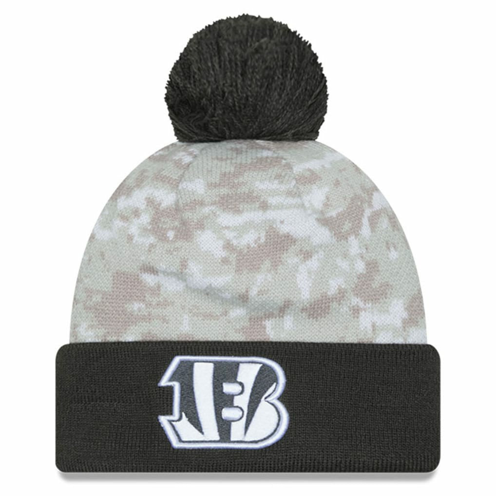 Cincinnati Bengals New Era Youth 2024 Salute To Service Cuffed Pom Knit Hat - White/Graphite - NFL
