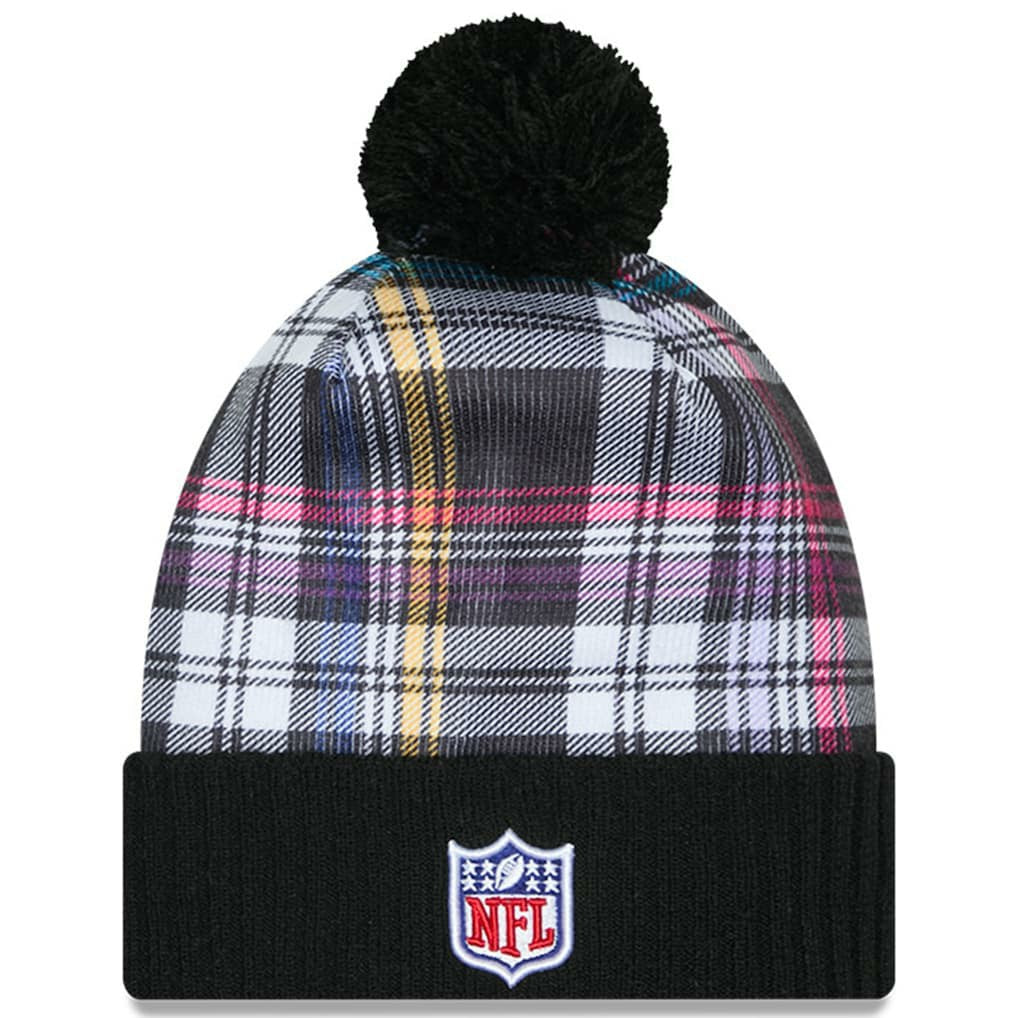New York Jets New Era Youth 2024 NFL Crucial Catch Plaid Cuffed Pom Knit Hat - Black - NFL