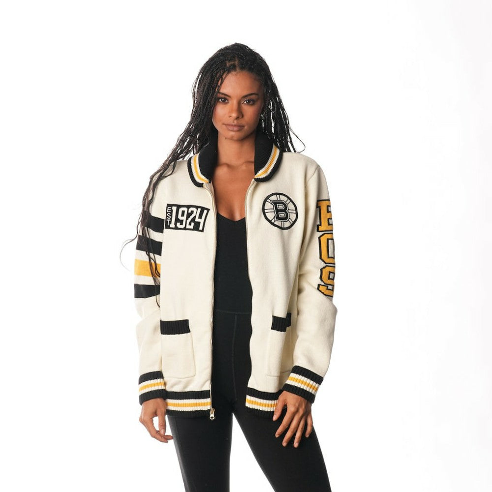 Boston Bruins The Wild Collective Unisex Jacquard Full-Zip Sweater - Cream | NHL Clearance