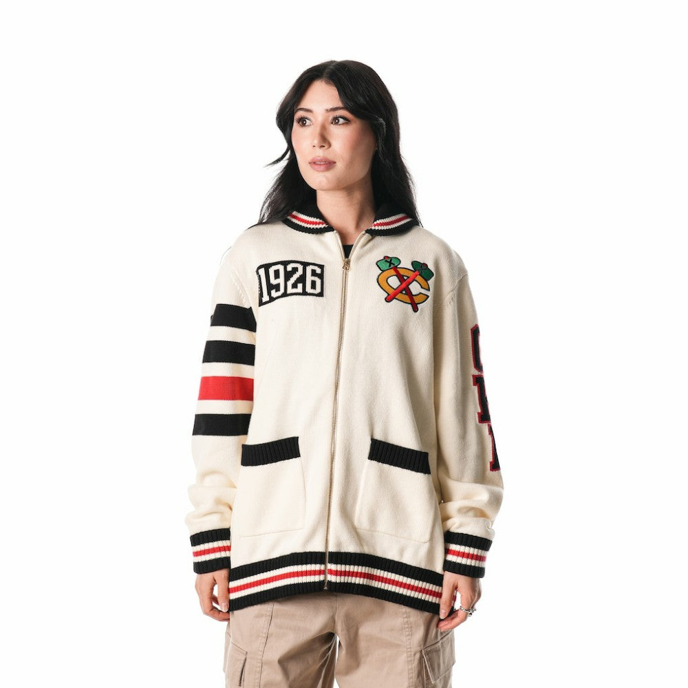 Chicago Blackhawks The Wild Collective Unisex Jacquard Full-Zip Sweater - Cream | NHL Clearance