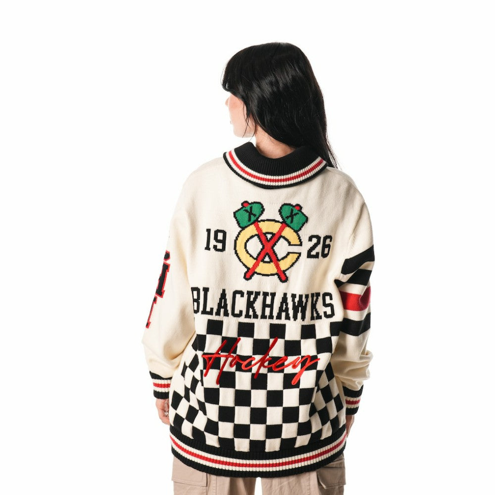 Chicago Blackhawks The Wild Collective Unisex Jacquard Full-Zip Sweater - Cream | NHL Clearance