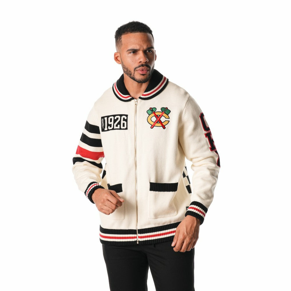 Chicago Blackhawks The Wild Collective Unisex Jacquard Full-Zip Sweater - Cream | NHL Clearance