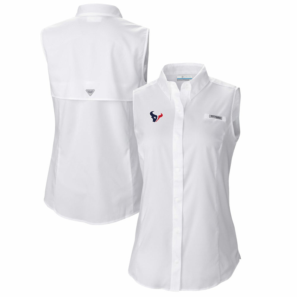 Houston Texans Women's PFG Tamiami Omni-Shade Sleeveless Button-Up Shirt - White - Columbia