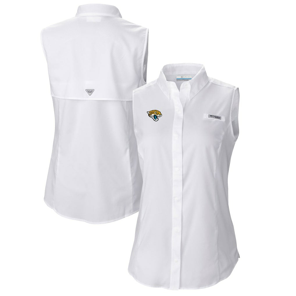 Jacksonville Jaguars Women's PFG Tamiami Omni-Shade Sleeveless Button-Up Shirt - White - Columbia
