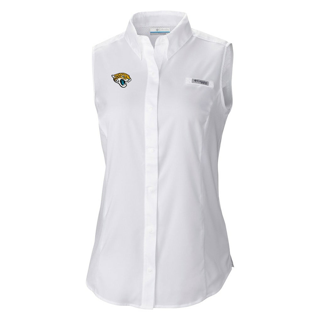 Jacksonville Jaguars Women's PFG Tamiami Omni-Shade Sleeveless Button-Up Shirt - White - Columbia