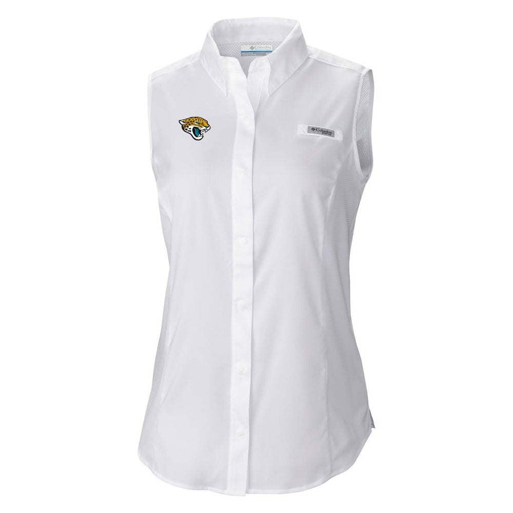 Jacksonville Jaguars Women's PFG Tamiami Omni-Shade Sleeveless Button-Up Shirt - White - Columbia