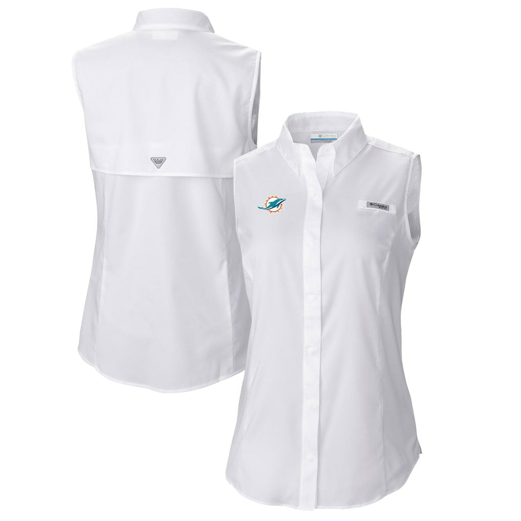 Miami Dolphins Women's PFG Tamiami Omni-Shade Sleeveless Button-Up Shirt - White - Columbia