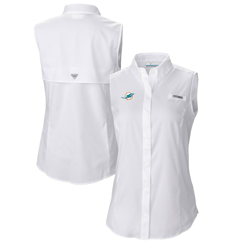 Miami Dolphins Women's PFG Tamiami Omni-Shade Sleeveless Button-Up Shirt - White - Columbia