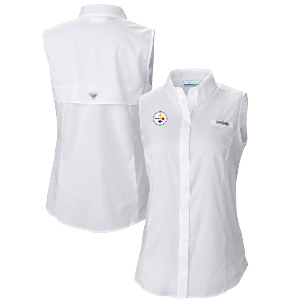 Pittsburgh Steelers Women's PFG Tamiami Omni-Shade Sleeveless Button-Up Shirt - White - Columbia