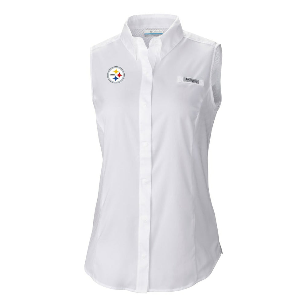 Pittsburgh Steelers Women's PFG Tamiami Omni-Shade Sleeveless Button-Up Shirt - White - Columbia