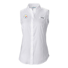 Pittsburgh Steelers Women's PFG Tamiami Omni-Shade Sleeveless Button-Up Shirt - White - Columbia