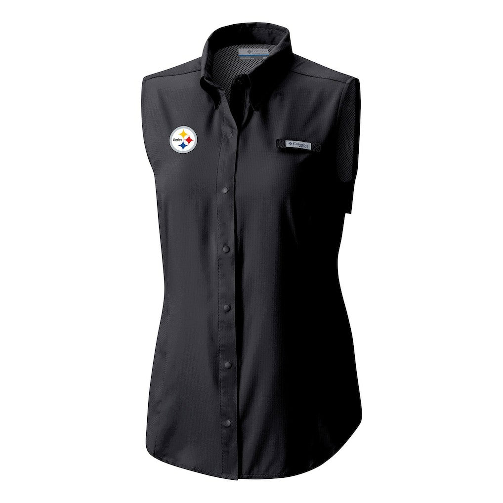 Pittsburgh Steelers Women's PFG Tamiami Omni-Shade Sleeveless Button-Up Shirt - Black - Columbia