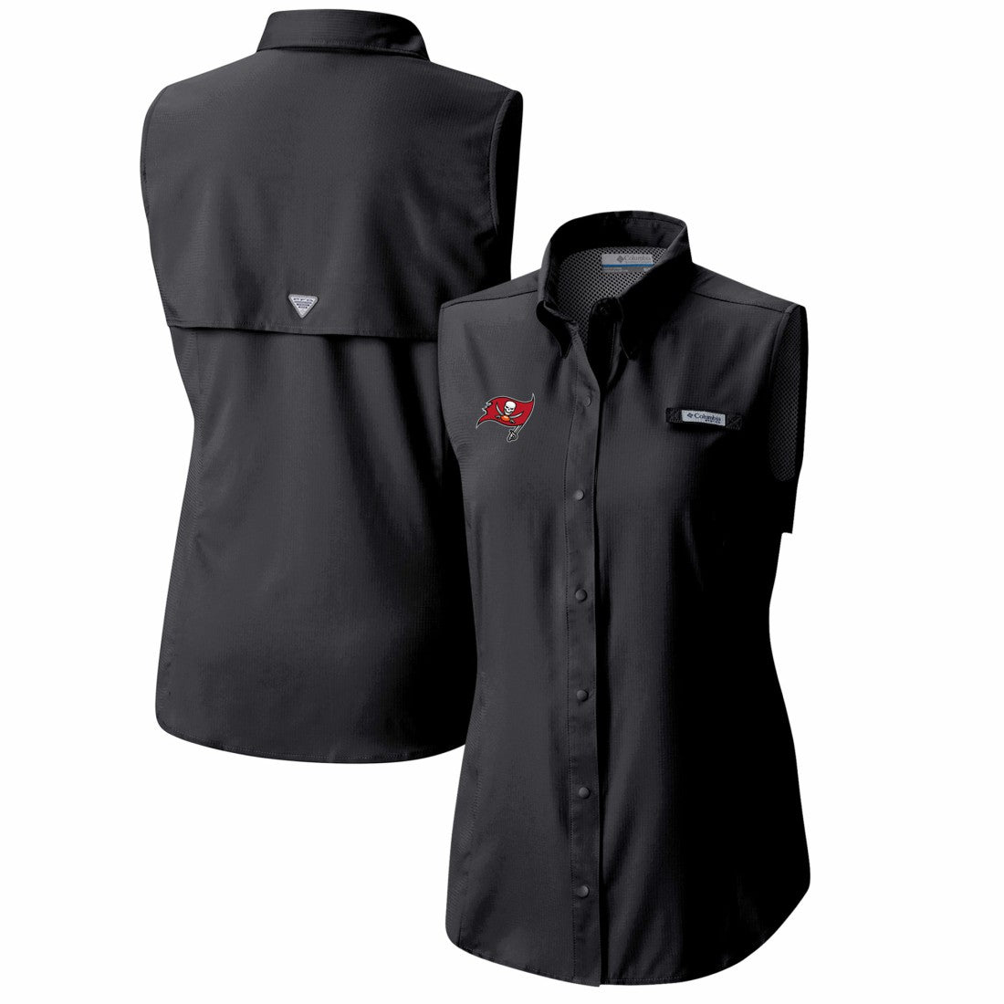 Tampa Bay Buccaneers Women's PFG Tamiami Omni-Shade Sleeveless Button-Up Shirt - Black - Columbia