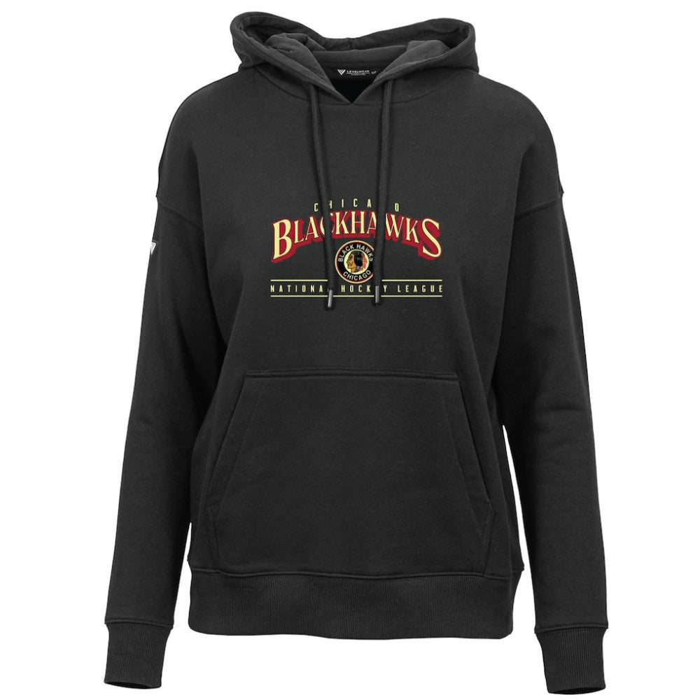 Chicago Blackhawks Levelwear Women's Retro Adorn Spellout Pullover Hoodie - Black | NHL Lifestyle
