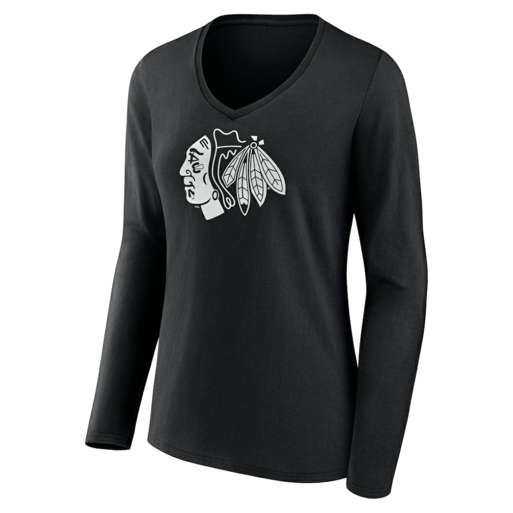 Chicago Blackhawks Women's Personalized Name & Number Monochrome Long Sleeve V-Neck T-Shirt - Black | NHL Clearance