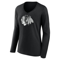 Chicago Blackhawks Women's Personalized Name & Number Monochrome Long Sleeve V-Neck T-Shirt - Black | NHL Clearance