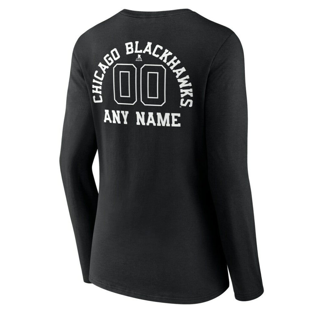 Chicago Blackhawks Women's Personalized Name & Number Monochrome Long Sleeve V-Neck T-Shirt - Black | NHL Clearance