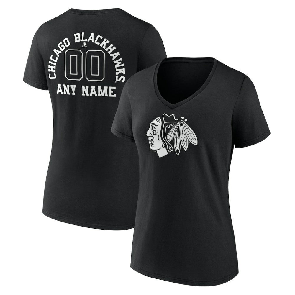 Chicago Blackhawks Women's Personalized Name & Number Monochrome V-Neck T-Shirt - Black | NHL Clearance