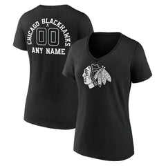 Chicago Blackhawks Women's Personalized Name & Number Monochrome V-Neck T-Shirt - Black | NHL Clearance